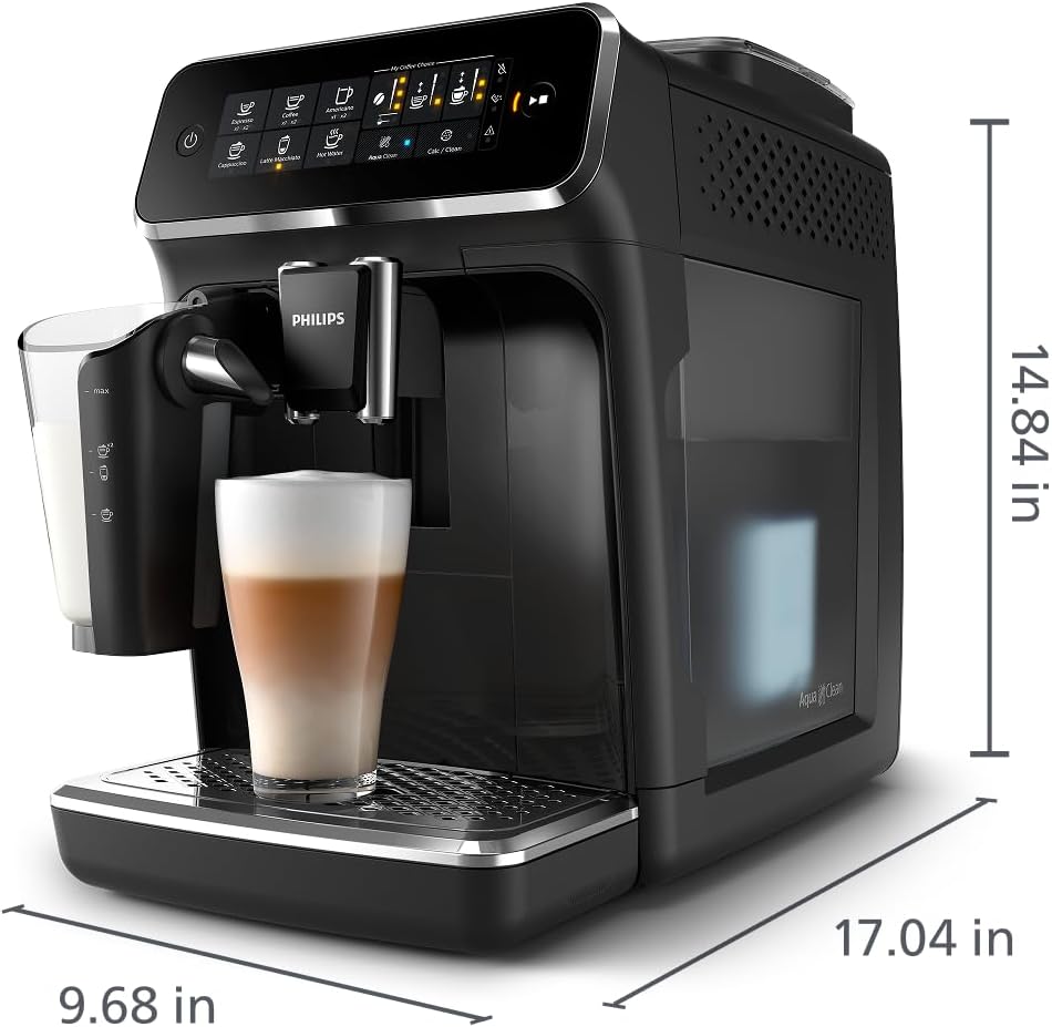 Philips 3200 Series Fully Automatic Espresso Machine, LatteGo Milk Frother, 5 Coffee Varieties, Intuitive Touch Display, 100% Ceramic Grinder, AquaClean Filter, My Coffee Choice, Black (EP3241/54)