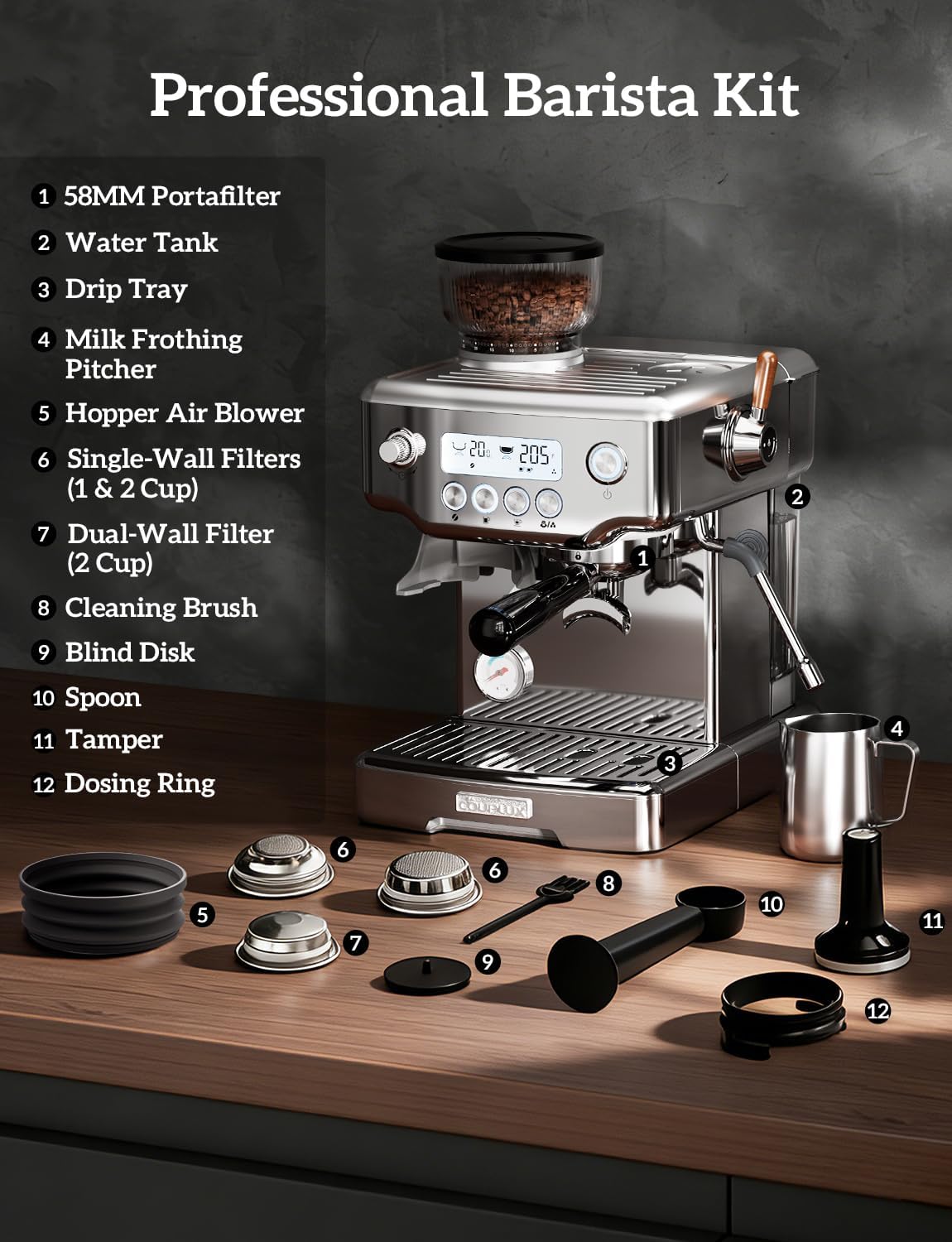 COUPLUX Espresso Machine with Grinder, 5-Temperature (190~205℉) Professional Espresso Machine 58MM with Powerful Milk Frother 15 Bar Expresso Coffee Machines for Espresso Americano Cappuccino & Latte