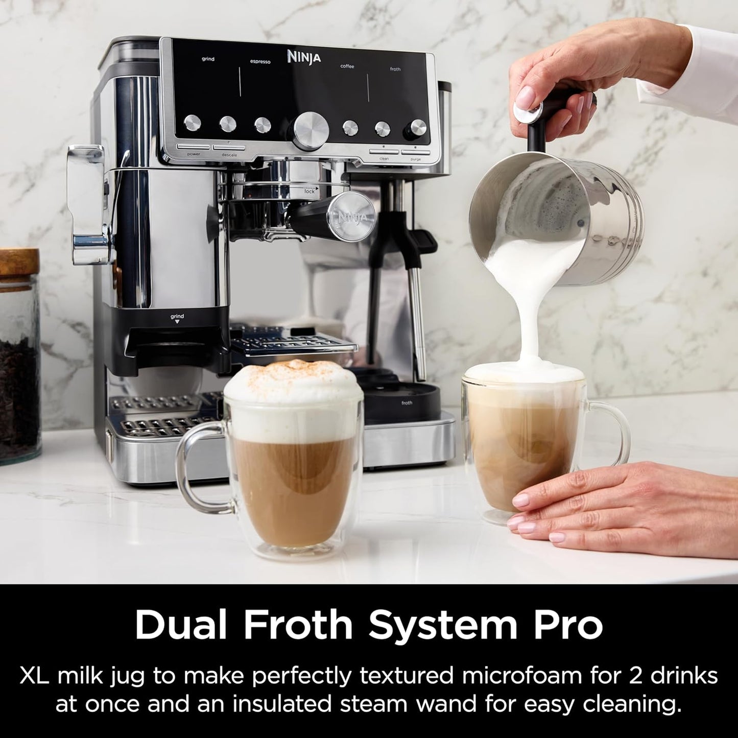 Ninja Luxe Café Pro Series, Espresso Machine, Drip Coffee, Cold Brew, Hot Water, Integrated Tamper, Built-in Grinder, Hands-Free Frother for Cappuccinos, Lattes, Americanos, Dairy or Non-Dairy, ES701 (Renewed)