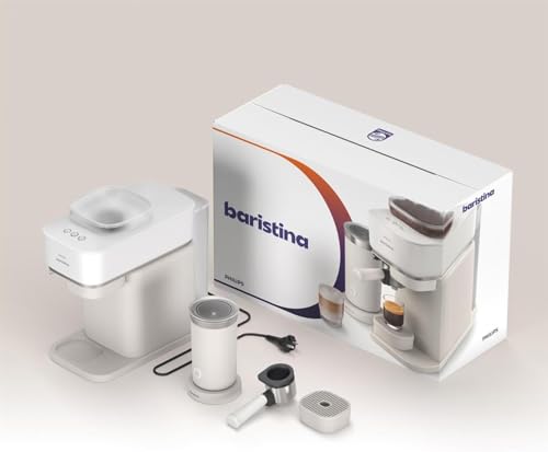 Philips Baristina Espresso Machine+Milk Frother Bundle. Real espresso. Compact coffee machine,portafilter, grinder, Cafe Crema. Dairy & Non-Dairy Milk foam. Hot & Cold. Easy Clean. White (BAR303/00)