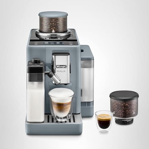 De'Longhi Rivelia Automatic Espresso Machine with Grinder & Milk Frother – All-in-One Coffee Maker, Hot & Iced Latte, Cappuccino, Bean Switch System, Burr Grinder, Compact Italian Design, Black