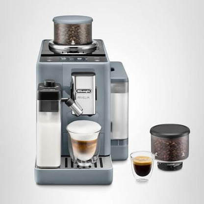 De'Longhi Rivelia Automatic Espresso Machine with Grinder & Milk Frother – All-in-One Coffee Maker, Hot & Iced Latte, Cappuccino, Bean Switch System, Burr Grinder, Compact Italian Design, Black