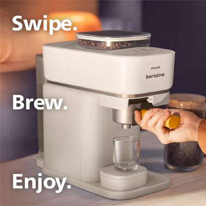 Philips Baristina Espresso Machine+Milk Frother Bundle. Real espresso. Compact coffee machine,portafilter, grinder, Cafe Crema. Dairy & Non-Dairy Milk foam. Hot & Cold. Easy Clean. White (BAR303/00)