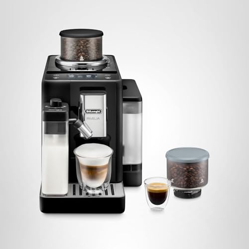 De'Longhi Rivelia Automatic Espresso Machine with Grinder & Milk Frother – All-in-One Coffee Maker, Hot & Iced Latte, Cappuccino, Bean Switch System, Burr Grinder, Compact Italian Design, Black