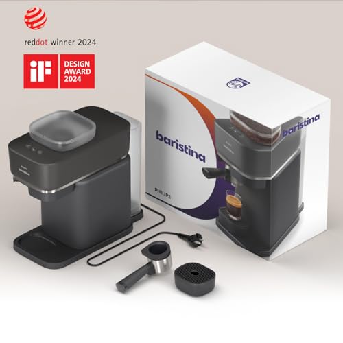 Philips Baristina Espresso Machine+Milk Frother Bundle. Real espresso. Compact coffee machine,portafilter, grinder, Cafe Crema. Dairy & Non-Dairy Milk foam. Hot & Cold. Easy Clean. White (BAR303/00)