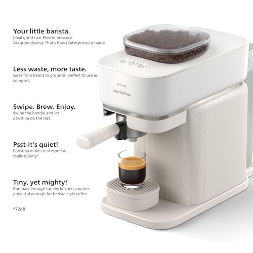 Philips Baristina Espresso Machine+Milk Frother Bundle. Real espresso. Compact coffee machine,portafilter, grinder, Cafe Crema. Dairy & Non-Dairy Milk foam. Hot & Cold. Easy Clean. White (BAR303/00)