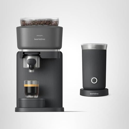 Philips Baristina Espresso Machine+Milk Frother Bundle. Real espresso. Compact coffee machine,portafilter, grinder, Cafe Crema. Dairy & Non-Dairy Milk foam. Hot & Cold. Easy Clean. White (BAR303/00)