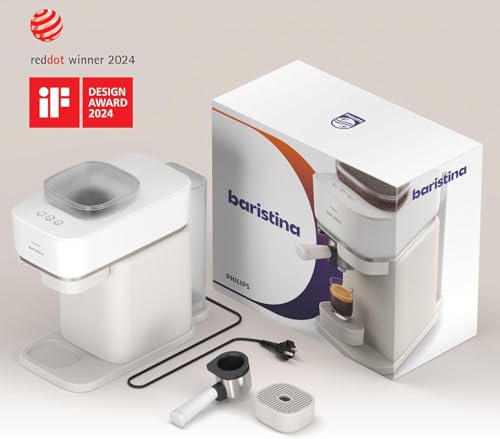 Philips Baristina Espresso Machine+Milk Frother Bundle. Real espresso. Compact coffee machine,portafilter, grinder, Cafe Crema. Dairy & Non-Dairy Milk foam. Hot & Cold. Easy Clean. White (BAR303/00)
