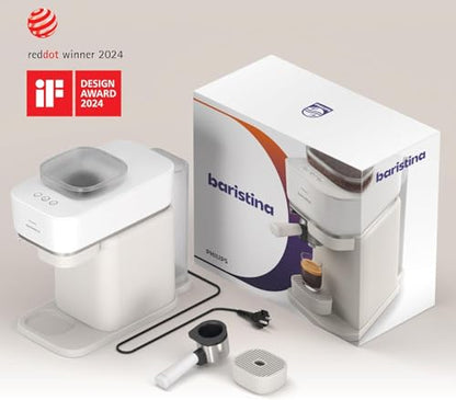 Philips Baristina Espresso Machine+Milk Frother Bundle. Real espresso. Compact coffee machine,portafilter, grinder, Cafe Crema. Dairy & Non-Dairy Milk foam. Hot & Cold. Easy Clean. White (BAR303/00)