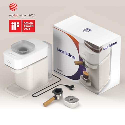 Philips Baristina Espresso Machine+Milk Frother Bundle. Real espresso. Compact coffee machine,portafilter, grinder, Cafe Crema. Dairy & Non-Dairy Milk foam. Hot & Cold. Easy Clean. White (BAR303/00)