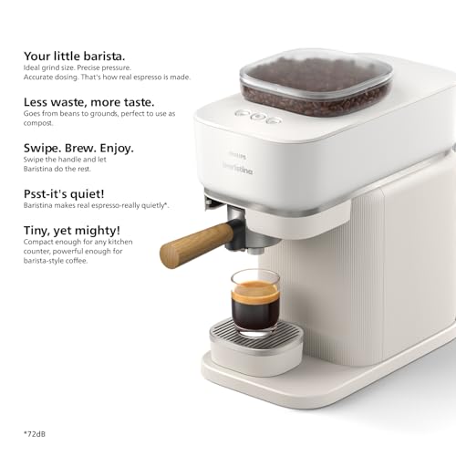 Philips Baristina Espresso Machine+Milk Frother Bundle. Real espresso. Compact coffee machine,portafilter, grinder, Cafe Crema. Dairy & Non-Dairy Milk foam. Hot & Cold. Easy Clean. White (BAR303/00)