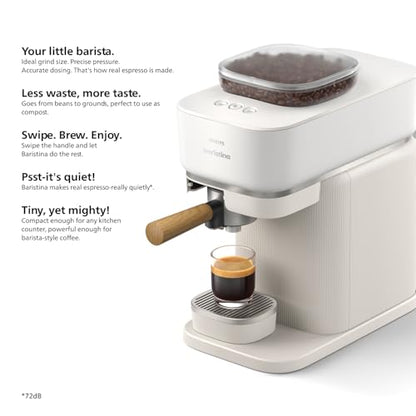 Philips Baristina Espresso Machine+Milk Frother Bundle. Real espresso. Compact coffee machine,portafilter, grinder, Cafe Crema. Dairy & Non-Dairy Milk foam. Hot & Cold. Easy Clean. White (BAR303/00)