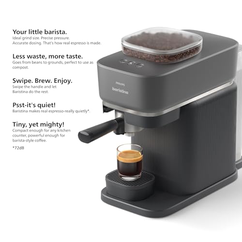 Philips Baristina Espresso Machine+Milk Frother Bundle. Real espresso. Compact coffee machine,portafilter, grinder, Cafe Crema. Dairy & Non-Dairy Milk foam. Hot & Cold. Easy Clean. White (BAR303/00)