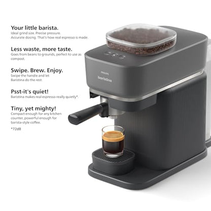 Philips Baristina Espresso Machine+Milk Frother Bundle. Real espresso. Compact coffee machine,portafilter, grinder, Cafe Crema. Dairy & Non-Dairy Milk foam. Hot & Cold. Easy Clean. White (BAR303/00)