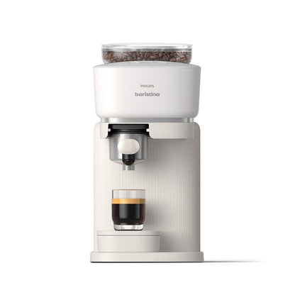 Philips Baristina Espresso Machine+Milk Frother Bundle. Real espresso. Compact coffee machine,portafilter, grinder, Cafe Crema. Dairy & Non-Dairy Milk foam. Hot & Cold. Easy Clean. White (BAR303/00)