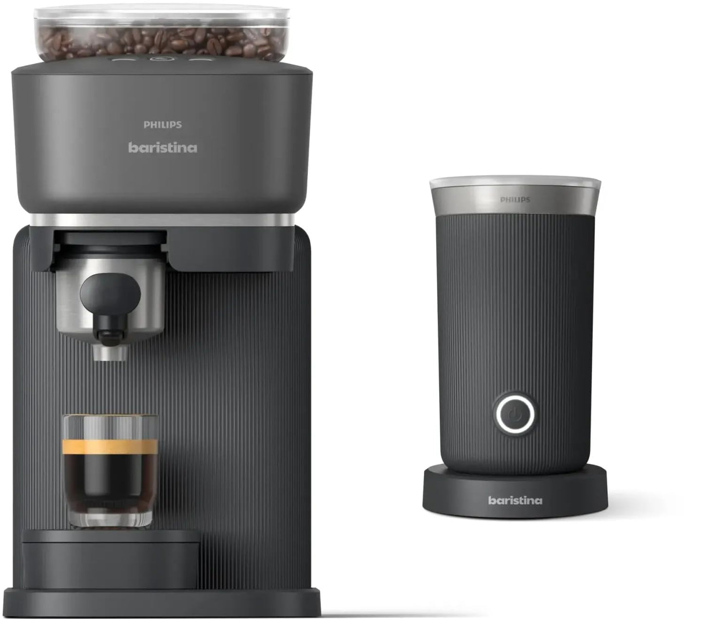 Philips Baristina Espresso Machine+Milk Frother Bundle. Real espresso. Compact coffee machine,portafilter, grinder, Cafe Crema. Dairy & Non-Dairy Milk foam. Hot & Cold. Easy Clean. White (BAR303/00)