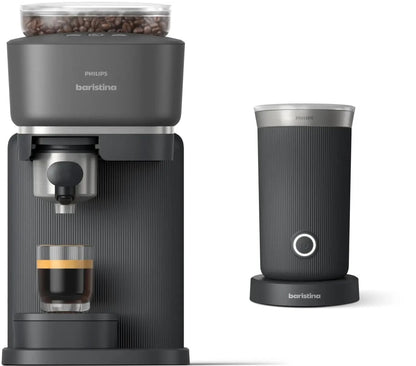 Philips Baristina Espresso Machine+Milk Frother Bundle. Real espresso. Compact coffee machine,portafilter, grinder, Cafe Crema. Dairy & Non-Dairy Milk foam. Hot & Cold. Easy Clean. White (BAR303/00)
