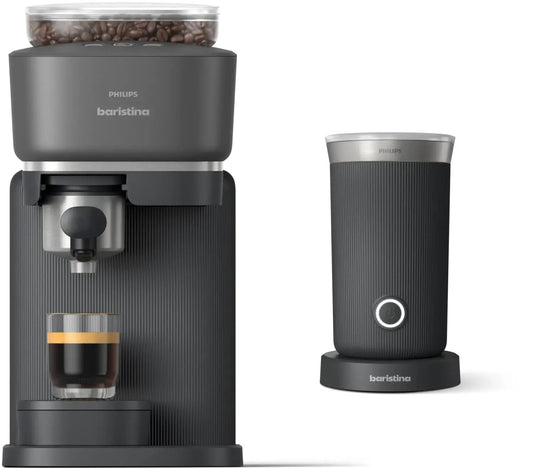 Philips Baristina Espresso Machine+Milk Frother Bundle. Real espresso. Compact coffee machine,portafilter, grinder, Cafe Crema. Dairy & Non-Dairy Milk foam. Hot & Cold. Easy Clean. White (BAR303/00)
