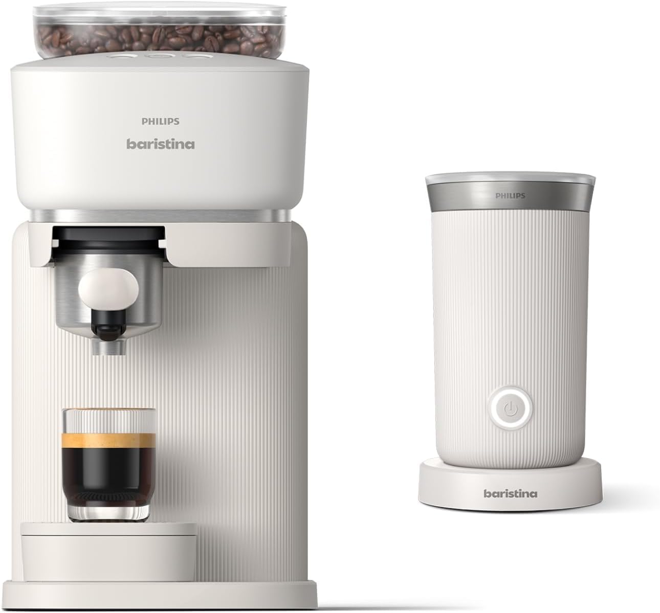 Philips Baristina Espresso Machine+Milk Frother Bundle. Real espresso. Compact coffee machine,portafilter, grinder, Cafe Crema. Dairy & Non-Dairy Milk foam. Hot & Cold. Easy Clean. White (BAR303/00)
