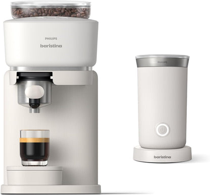 Philips Baristina Espresso Machine+Milk Frother Bundle. Real espresso. Compact coffee machine,portafilter, grinder, Cafe Crema. Dairy & Non-Dairy Milk foam. Hot & Cold. Easy Clean. White (BAR303/00)