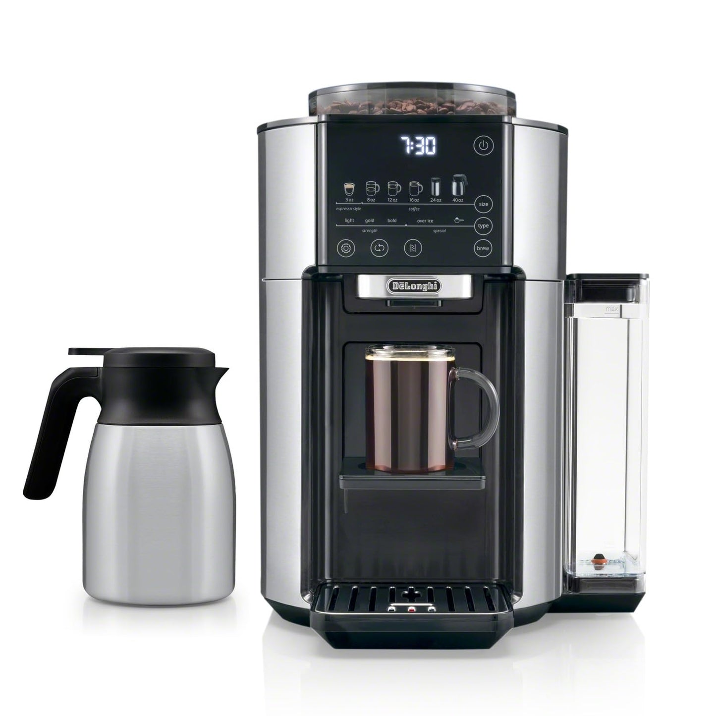 De'Longhi True Brew Drip Coffee Maker, Built in Grinder, Single Serve, 8 oz to 24 oz, Hot or Iced Coffee, Stainless, CAM51025MB