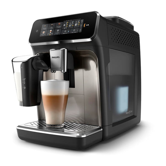 Philips 3300 Series Fully Automatic Espresso Machine with LatteGo Milk System and integrated grinder, 6 Hot & Iced Coffee Pre-Sets, 40% Quieter SilentBrew, 15-Bar Pressure, Glossy Black (EP3341/50)
