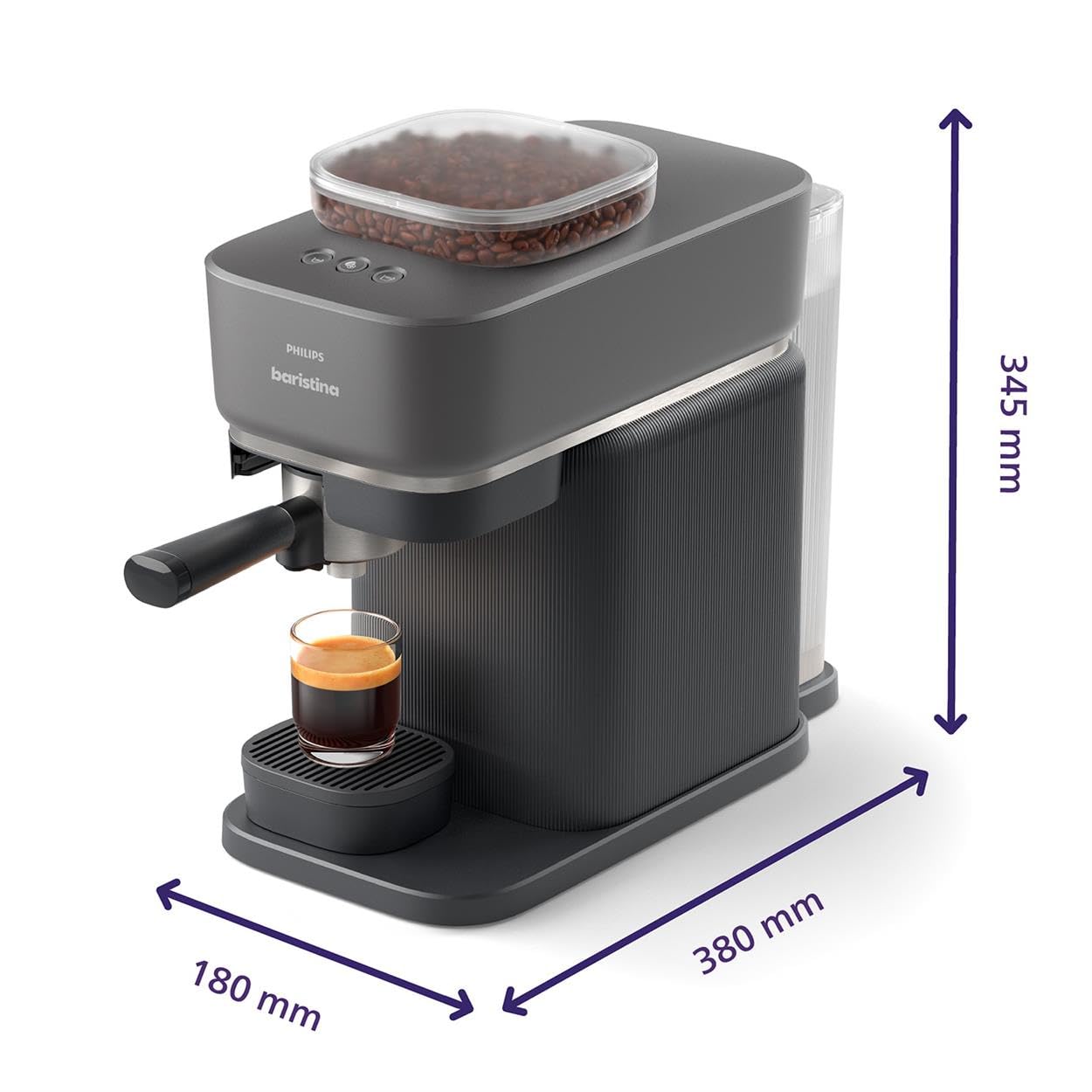 Philips Baristina Espresso Machine+Milk Frother Bundle. Real espresso. Compact coffee machine,portafilter, grinder, Cafe Crema. Dairy & Non-Dairy Milk foam. Hot & Cold. Easy Clean. White (BAR303/00)