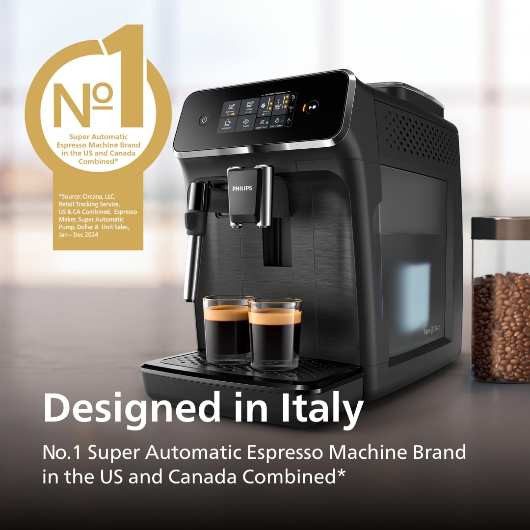 Philips 2200 Series Fully Automatic Espresso Machine, Classic Milk Frother, 2 Coffee Varieties, Intuitive Touch Display, 100% Ceramic Grinder, AquaClean Filter, Aroma Seal, Black (EP2220/14)