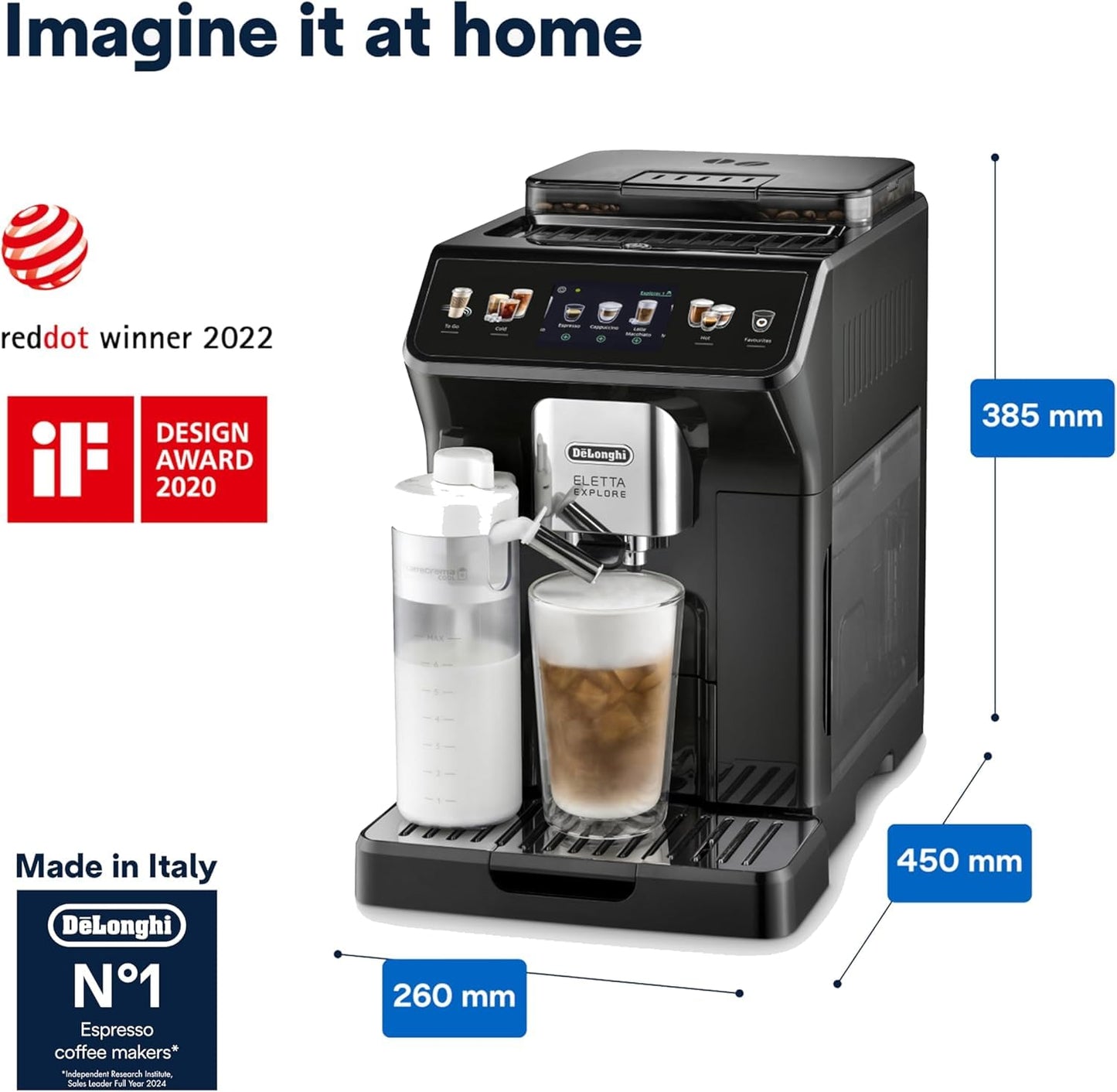 De'Longhi Eletta Explore Espresso Machine with Cold Brew, Hot & Cold Milk Frother - 50+ Recipes, Built in Grinder, Smartphone Compatible with Bean Adapt Technology for Ideal Extraction, 3.8 Pounds