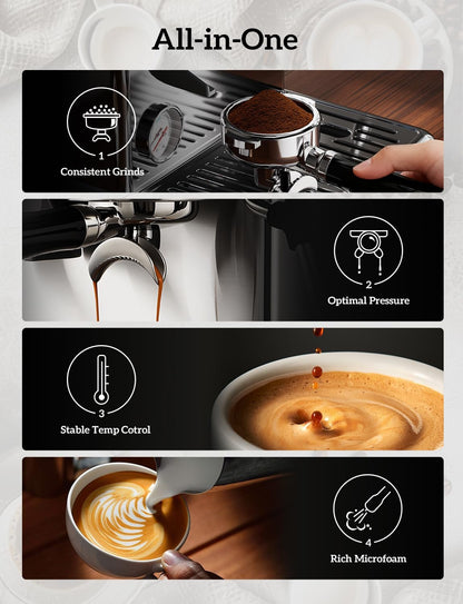 COUPLUX Espresso Machine with Grinder, 5-Temperature (190~205℉) Professional Espresso Machine 58MM with Powerful Milk Frother 15 Bar Expresso Coffee Machines for Espresso Americano Cappuccino & Latte