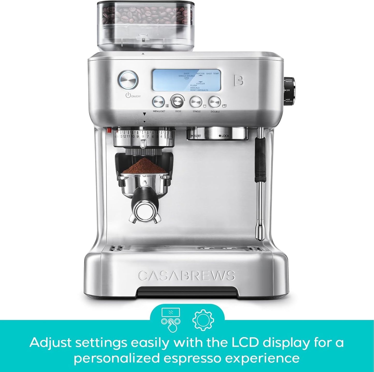 CASABREWS 5700Pro Espresso Machine with Grinder, Professional Coffee Maker with Milk Frother Steam Wand, Barista-Quality Cappuccino Latte Machine with LCD Display, Great for Coffee Enthusiasts