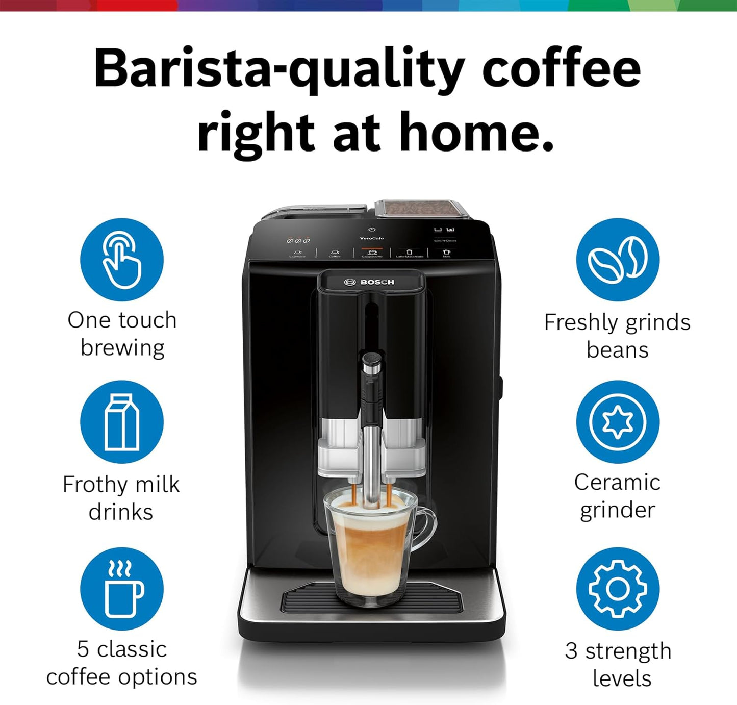 Bosch Fully Automatic Coffee and Espresso Machine - One-Touch Drinks, Barista Quality Super Coffee Maker - Touch Control Panel, Large Bean Capacity - Easy Clean, Maintenance - Black - TIU20109