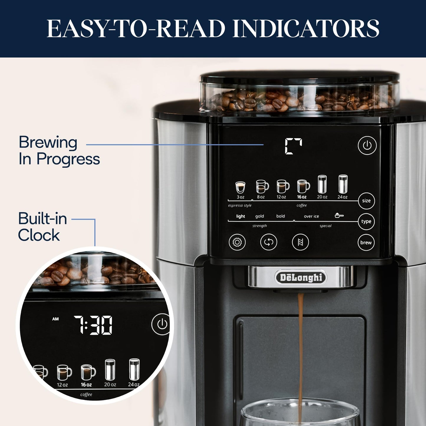 De'Longhi True Brew Drip Coffee Maker, Built in Grinder, Single Serve, 8 oz to 24 oz, Hot or Iced Coffee, Stainless, CAM51025MB