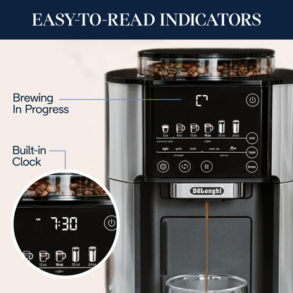De'Longhi True Brew Drip Coffee Maker, Built in Grinder, Single Serve, 8 oz to 24 oz, Hot or Iced Coffee, Stainless, CAM51025MB