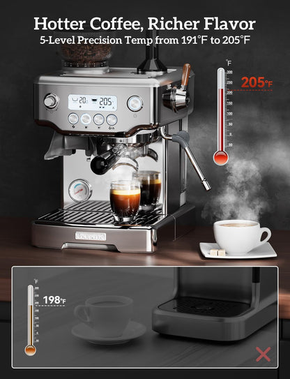 COUPLUX Espresso Machine with Grinder, 5-Temperature (190~205℉) Professional Espresso Machine 58MM with Powerful Milk Frother 15 Bar Expresso Coffee Machines for Espresso Americano Cappuccino & Latte