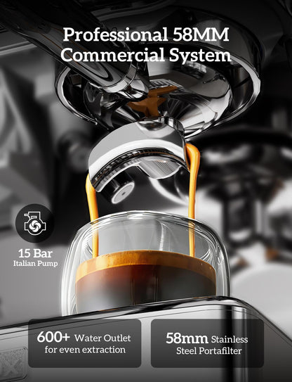 COUPLUX Espresso Machine with Grinder, 5-Temperature (190~205℉) Professional Espresso Machine 58MM with Powerful Milk Frother 15 Bar Expresso Coffee Machines for Espresso Americano Cappuccino & Latte