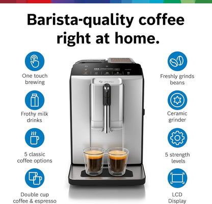 Bosch Fully Automatic Coffee and Espresso Machine - One-Touch Drinks, Barista Style, Double Cup Super Coffee Maker - Large Bean Capacity - Easy Clean, Maintenance - Black - TIU20307