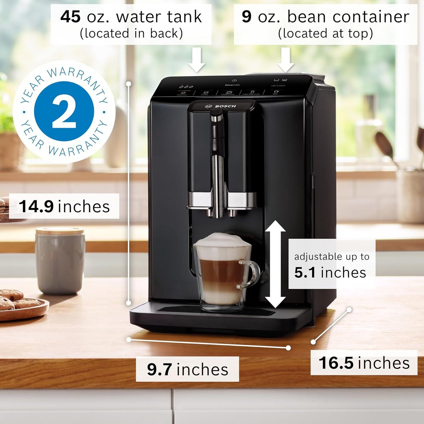 Bosch Fully Automatic Coffee and Espresso Machine - One-Touch Drinks, Barista Quality Super Coffee Maker - Touch Control Panel, Large Bean Capacity - Easy Clean, Maintenance - Black - TIU20109