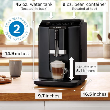Bosch Fully Automatic Coffee and Espresso Machine - One-Touch Drinks, Barista Quality Super Coffee Maker - Touch Control Panel, Large Bean Capacity - Easy Clean, Maintenance - Black - TIU20109