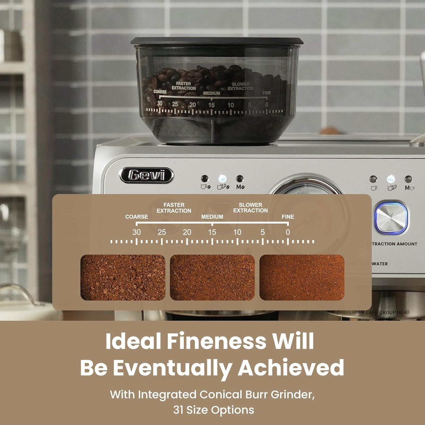 Gevi Dual Boiler Espresso Machine with Built-in Grinder, 58mm Commercial Portafilter, Barista Steam Wand, 31 Grind Settings, Stainless Steel, for Home Barista Use, Sterling Silver