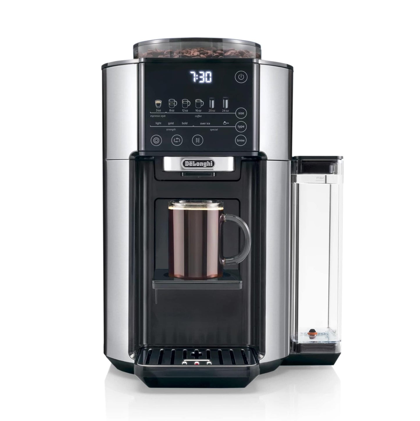 De'Longhi True Brew Drip Coffee Maker, Built in Grinder, Single Serve, 8 oz to 24 oz, Hot or Iced Coffee, Stainless, CAM51025MB