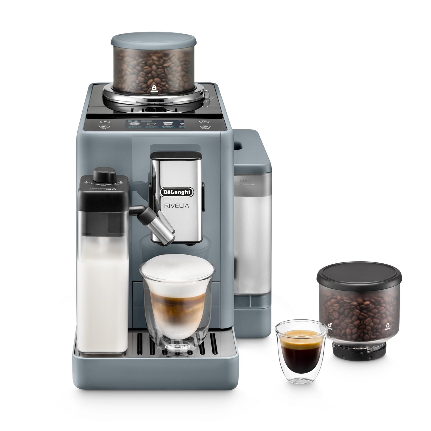 De'Longhi Rivelia Automatic Espresso Machine with Grinder & Milk Frother – All-in-One Coffee Maker, Hot & Iced Latte, Cappuccino, Bean Switch System, Burr Grinder, Compact Italian Design, Black