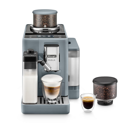 De'Longhi Rivelia Automatic Espresso Machine with Grinder & Milk Frother – All-in-One Coffee Maker, Hot & Iced Latte, Cappuccino, Bean Switch System, Burr Grinder, Compact Italian Design, Black