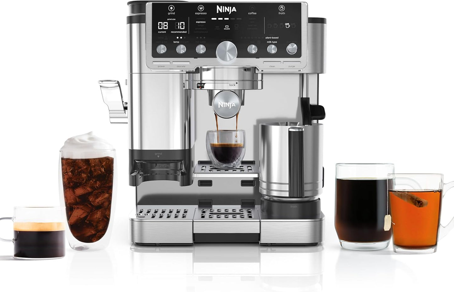 Ninja Luxe Café Pro Series, Espresso Machine, Drip Coffee, Cold Brew, Hot Water, Integrated Tamper, Built-in Grinder, Hands-Free Frother for Cappuccinos, Lattes, Americanos, Dairy or Non-Dairy, ES701 (Renewed)