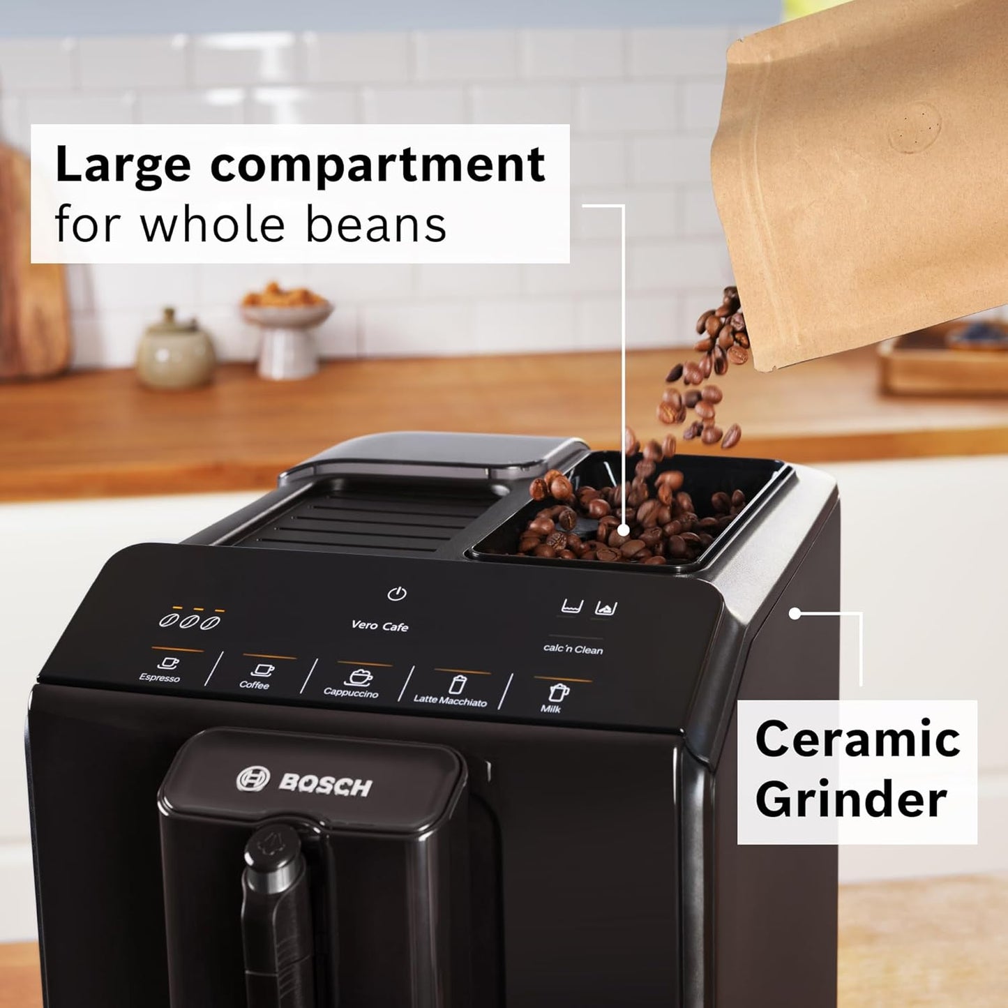 Bosch Fully Automatic Coffee and Espresso Machine - One-Touch Drinks, Barista Quality Super Coffee Maker - Touch Control Panel, Large Bean Capacity - Easy Clean, Maintenance - Black - TIU20109