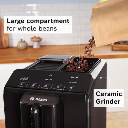 Bosch Fully Automatic Coffee and Espresso Machine - One-Touch Drinks, Barista Quality Super Coffee Maker - Touch Control Panel, Large Bean Capacity - Easy Clean, Maintenance - Black - TIU20109