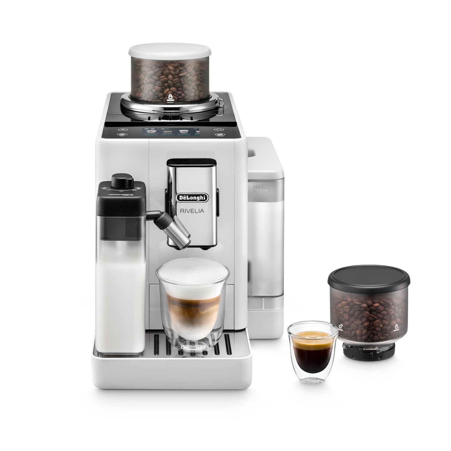 De'Longhi Rivelia Automatic Espresso Machine with Grinder & Milk Frother – All-in-One Coffee Maker, Hot & Iced Latte, Cappuccino, Bean Switch System, Burr Grinder, Compact Italian Design, Black