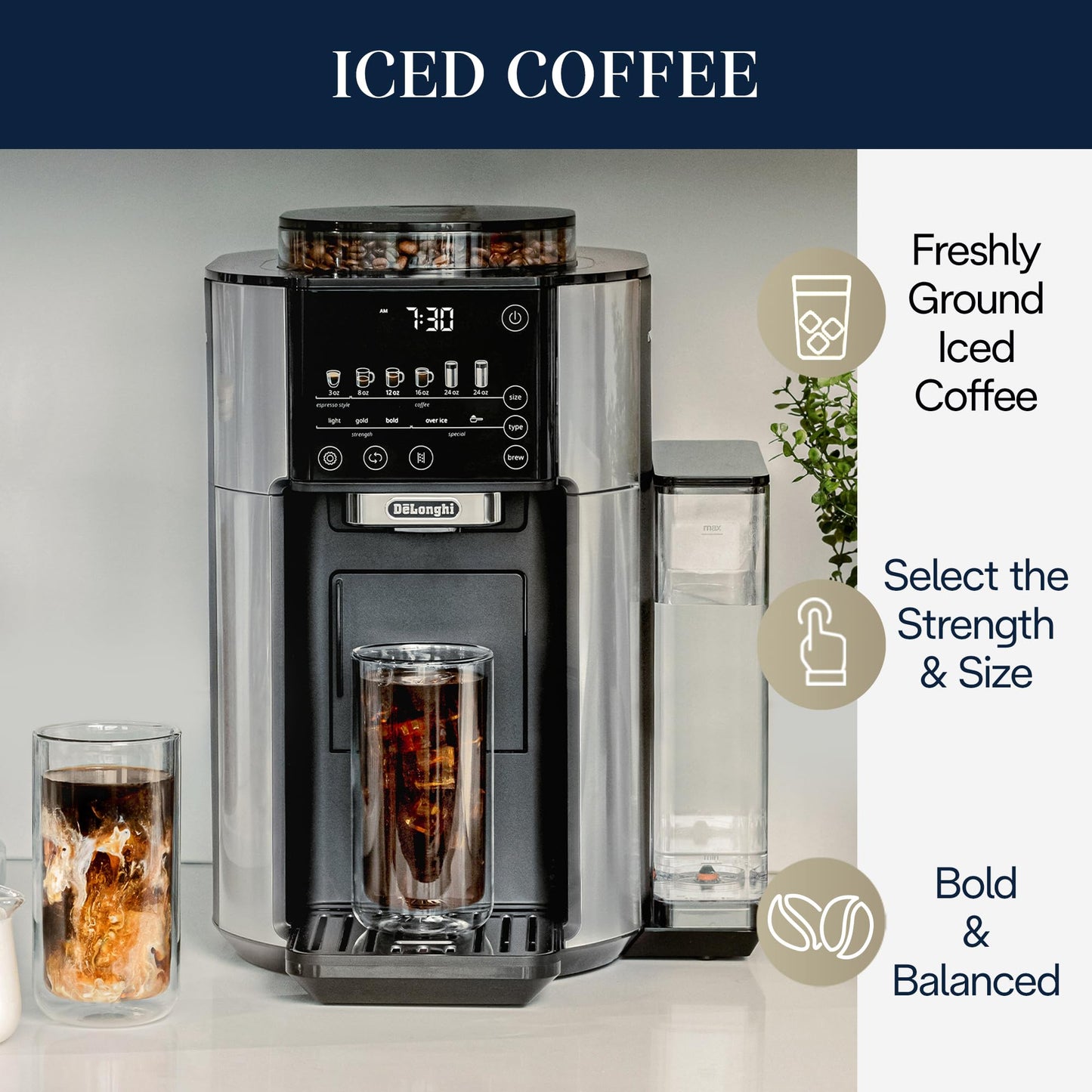 De'Longhi True Brew Drip Coffee Maker, Built in Grinder, Single Serve, 8 oz to 24 oz, Hot or Iced Coffee, Stainless, CAM51025MB