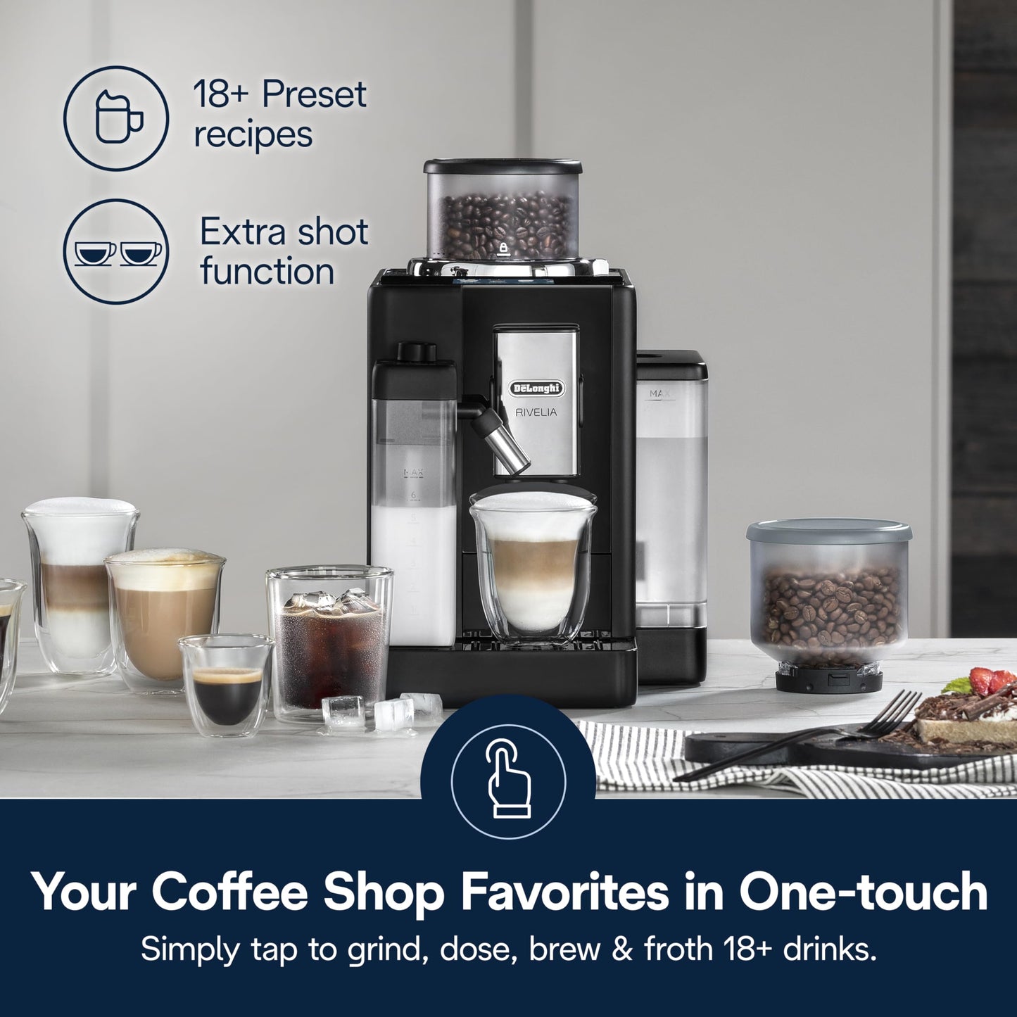 De'Longhi Rivelia Automatic Espresso Machine with Grinder & Milk Frother – All-in-One Coffee Maker, Hot & Iced Latte, Cappuccino, Bean Switch System, Burr Grinder, Compact Italian Design, Black