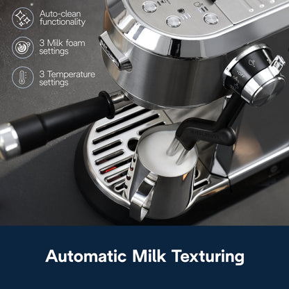 De'Longhi Dedica Maestro Plus Espresso Machine, Automatic Steam Wand, 3 Coffee Temp & Milk Foam Settings, 54oz Removable Tank, Easy-to-Clean Dishwasher-Safe Parts, Compact Stainless Steel Design